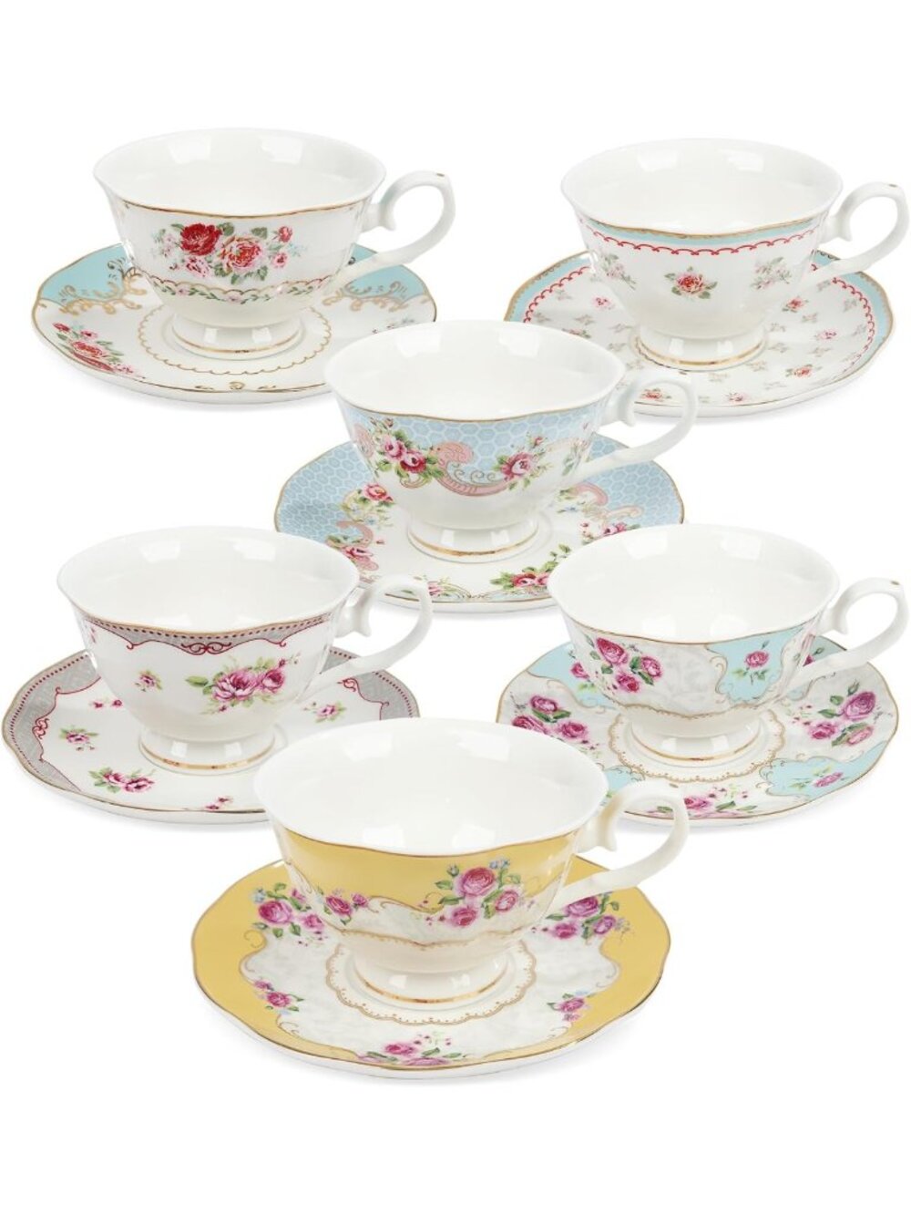 Colorful Floral Porcelain Coffee Cups & Saucers Set for 6 - Elegant Tea Party